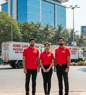Home Care Cargo Packers team in matching red uniforms standing next to company trucks in an urban environment, representing professional relocation services.
