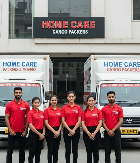 Home Care Cargo Packers team of 6 in red uniforms, proudly standing before two branded company trucks and their office building.