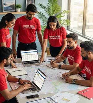 Home Care Cargo Packers team members collaborating on logistics and planning in a modern office, using laptops and maps, highlighting their strategic and professional approach.