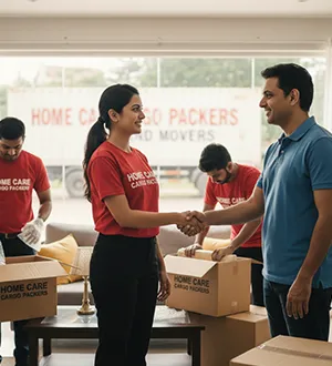 Home Care Cargo Packers team assisting with a relocation, shaking hands with a client.