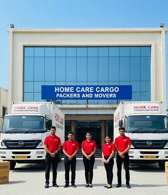 ome Care Cargo office in Jaipur with trucks and happy movers standing in front.