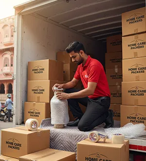 ome Care Cargo office in Jaipur with trucks and happy movers standing in front.