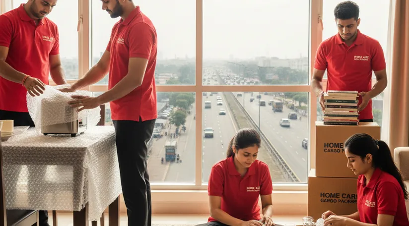 Professional movers in Ahmedabad packing household goods on Rajkot Highway