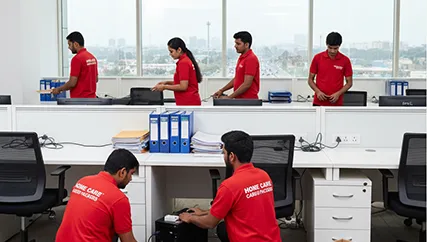 Office movers unpacking desks and office equipment