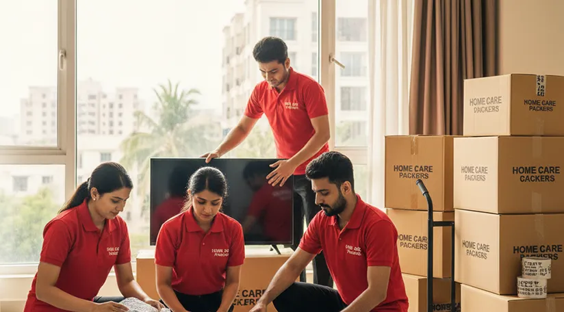 Movers packing household goods carefully in Ashram Road for relocation