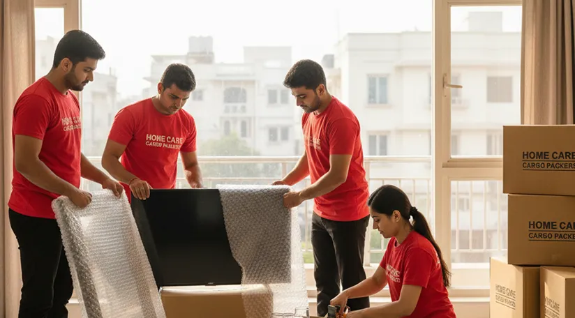 Movers packing fragile household items in Bopal for relocation