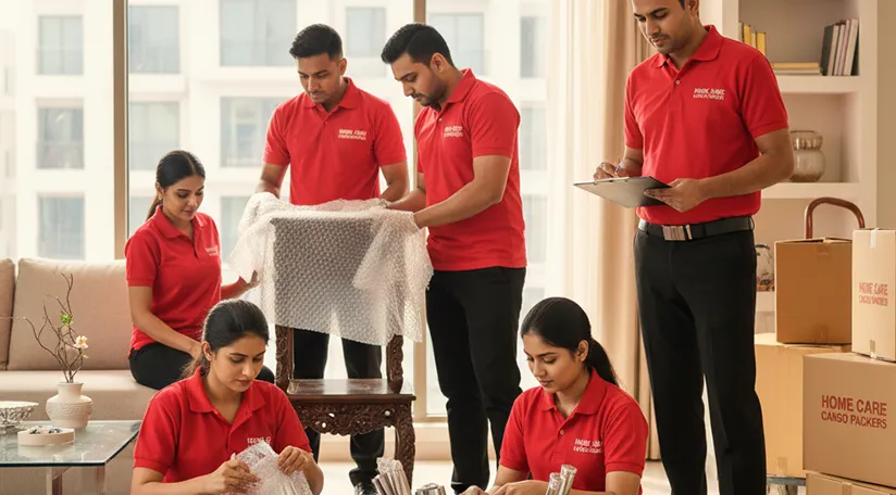 Movers packing household goods carefully for relocation in CG Road