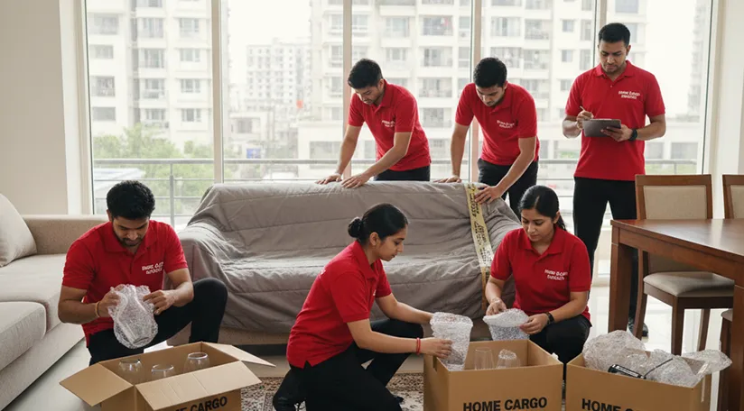 Movers carefully wrapping fragile items and furniture for relocation in Chanakyapuri, Ahmedabad