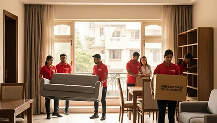 Movers unloading large furniture and boxes during household relocation in Chandkheda, Ahmedabad