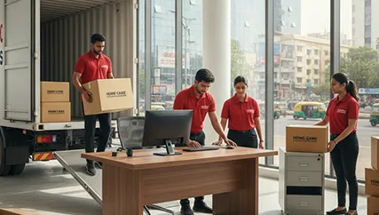 Office movers unpacking office furniture and organizing desks in Chandkheda, Ahmedabad