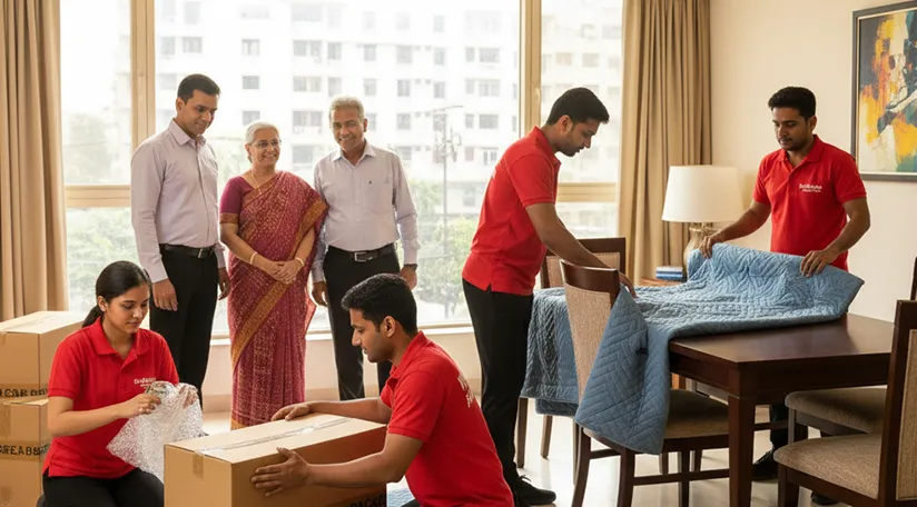 Movers wrapping fragile items and large furniture for relocation in Chandkheda, Ahmedabad
