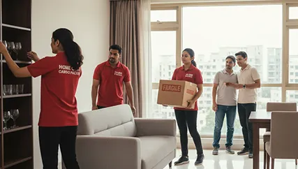 Movers unloading large furniture and fragile boxes during household relocation in D Colony, Ahmedabad