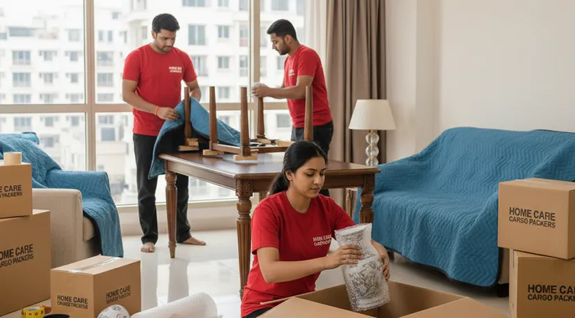 Movers packing fragile items and securing large furniture for relocation in D Colony, Ahmedabad