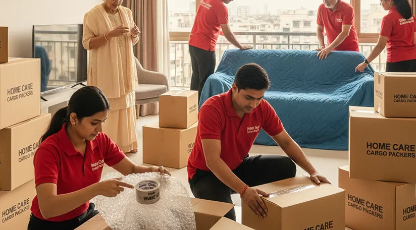 Movers carefully wrapping fragile items and large furniture for relocation in Dariapur, Ahmedabad