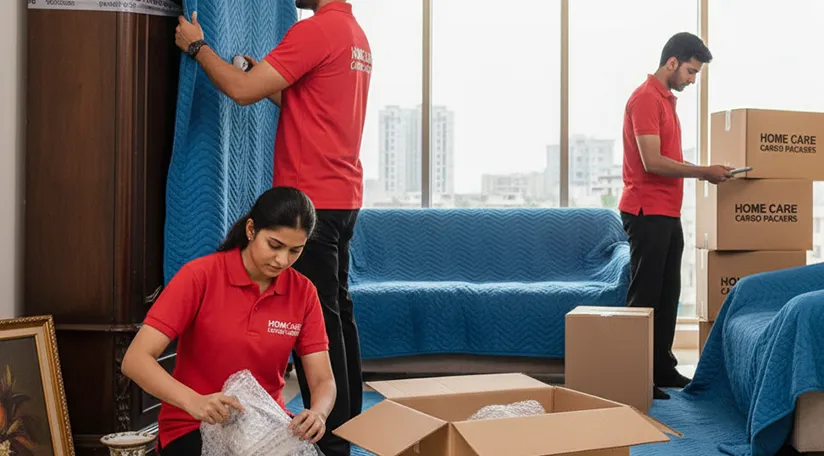 Movers wrapping fragile items and securing large furniture during relocation in Dhalka, Ahmedabad