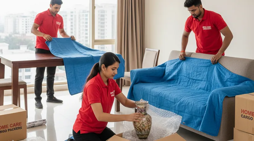 Movers carefully wrapping and securing fragile items during relocation in Dholera, Ahmedabad