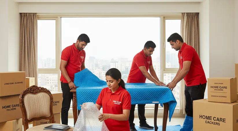Movers securing fragile items and large furniture during relocation in Geratpur, Ahmedabad