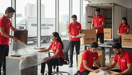 Office relocation team packing furniture and electronics in Gokuldham