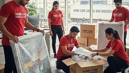 A team of expert packers wrapping delicate items in bubble wrap for safe transport