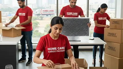 Packing team carefully packing fragile items into sturdy boxes for safe transportation