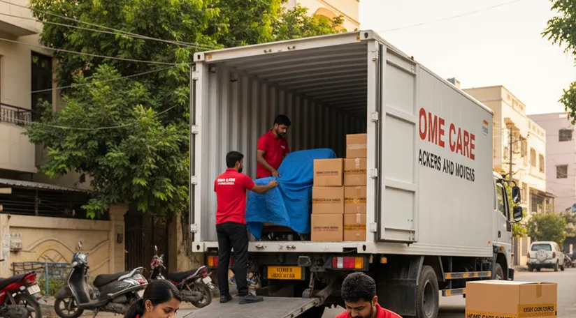 Professional movers wrapping fragile household items for safe transport