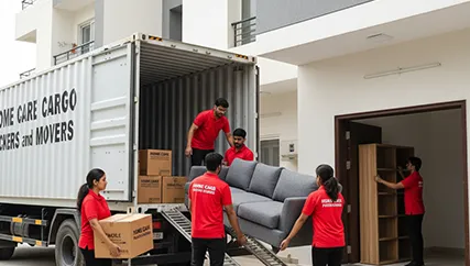 Expert movers unloading boxes and furniture from the truck