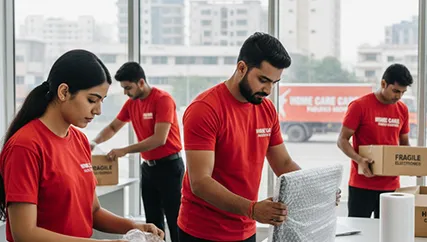 Movers carefully wrapping delicate items with bubble wrap for safe transport