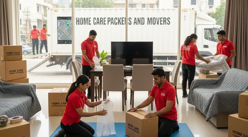 Movers packing household goods with care before loading into a truck