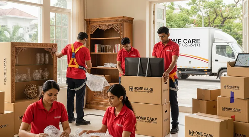 Professional movers packing household goods with care before loading into the truck