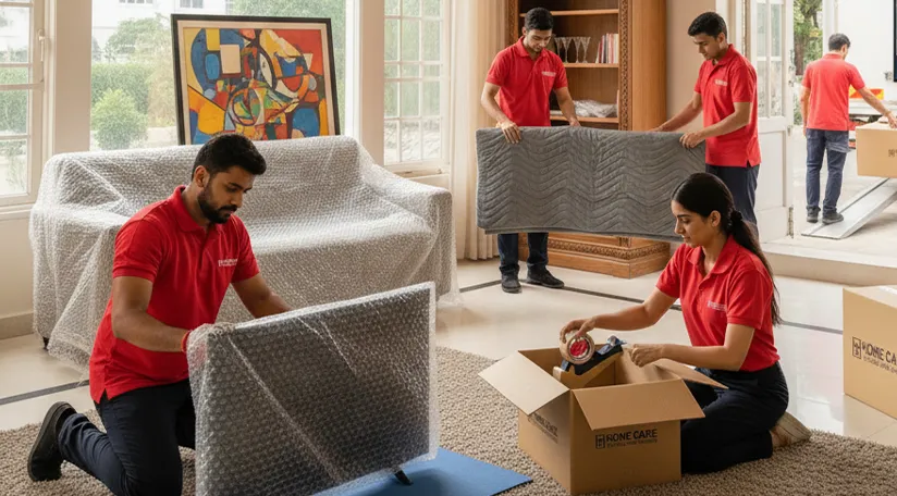 Movers packing fragile items carefully before loading them into a truck