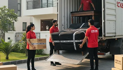 Movers unloading furniture and boxes from the truck