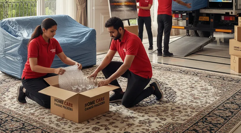 Movers carefully packing household goods into a truck for transport