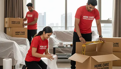Professional movers carefully packing and labeling boxes in a living room for a smooth relocation.