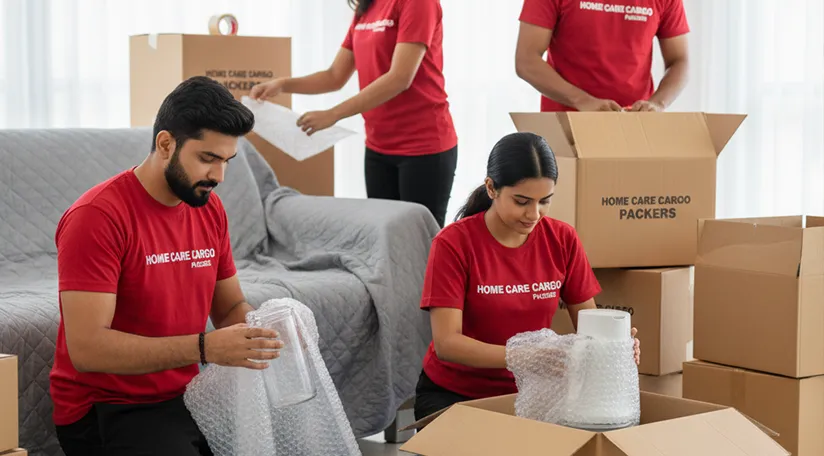 Packers and movers carefully packing fragile household items and securing them for safe transport.