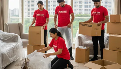 Team of movers packing household items and preparing them for transportation.