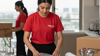 Female mover wrapping fragile kitchen items in protective materials for safe moving.