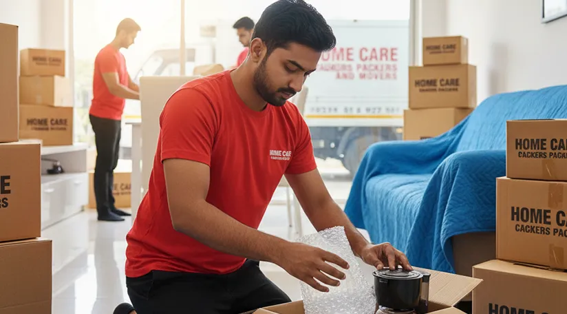 Packers and movers carefully wrapping and packing fragile household items in preparation for moving.