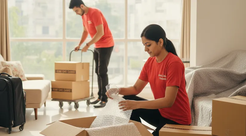 Expertly packing fragile items with bubble wrap and packing peanuts for safe moving