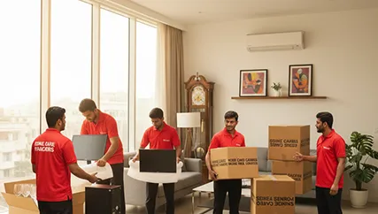 Packers wrapping delicate office equipment for a safe relocation in Ashok Vihar Phase 3