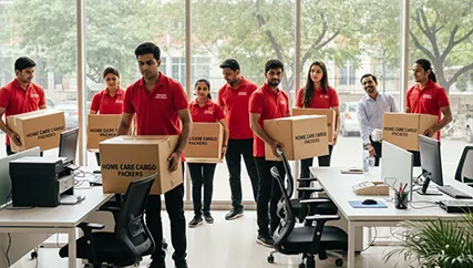 Packers unloading furniture from a truck in Civil Lines, Gurugram during an office relocation