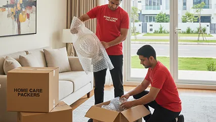 Movers wrapping delicate items for safe relocation in DLF Phase 2, Gurugram