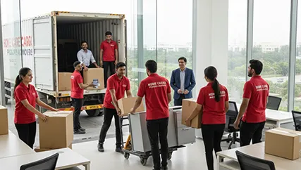 Packers unloading office furniture during an office relocation in DLF Phase 2, Gurugram