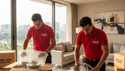 Movers carefully wrapping fragile household items in DLF Phase 3, Gurugram