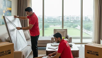 Movers wrapping fragile items and securing them in DLF Phase 4, Gurugram