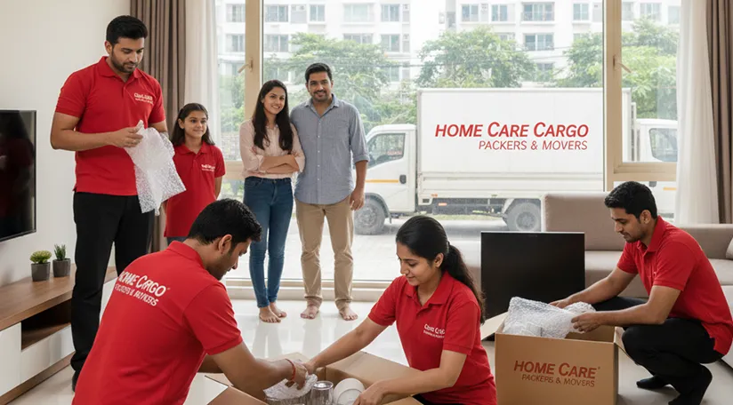 Movers carefully packing household goods in DLF Phase 4, Gurugram