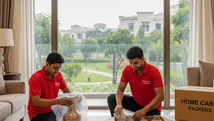 Movers wrapping fragile items in DLF Phase 5, Gurugram
