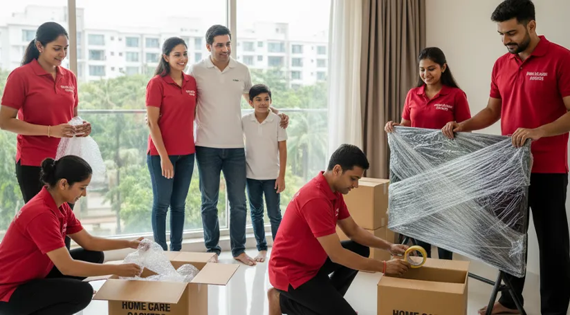 Movers packing household goods in DLF Phase 5, Gurugram