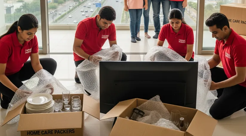 Movers packing household goods along Dwarka Expressway, Gurugram