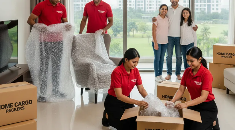 Movers packing household goods in Golf Course Extension, Gurugram