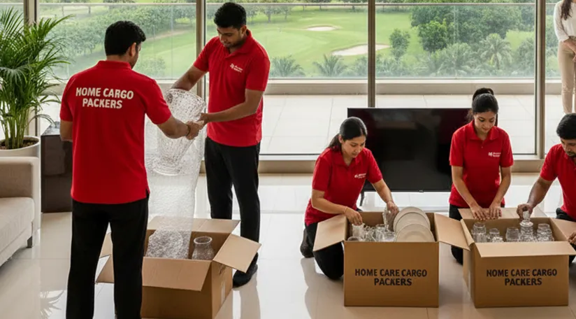 Movers packing delicate items in Golf Course Road, Gurugram